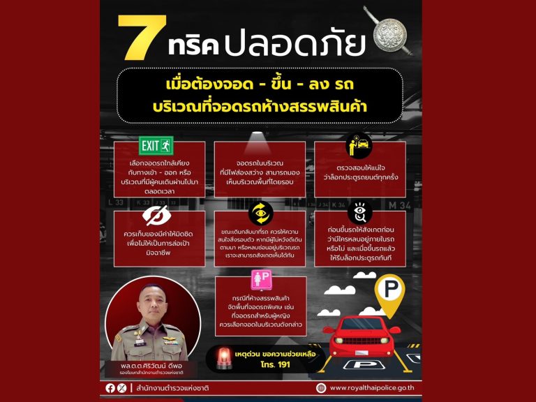 สำนักงานตำรวจแห่งชาติแนะนำ 7 ข้อควรปฏิบัติ ในการจอด และขึ้น-ลงรถ ภายในที่จอดรถห้างสรรพสินค้า